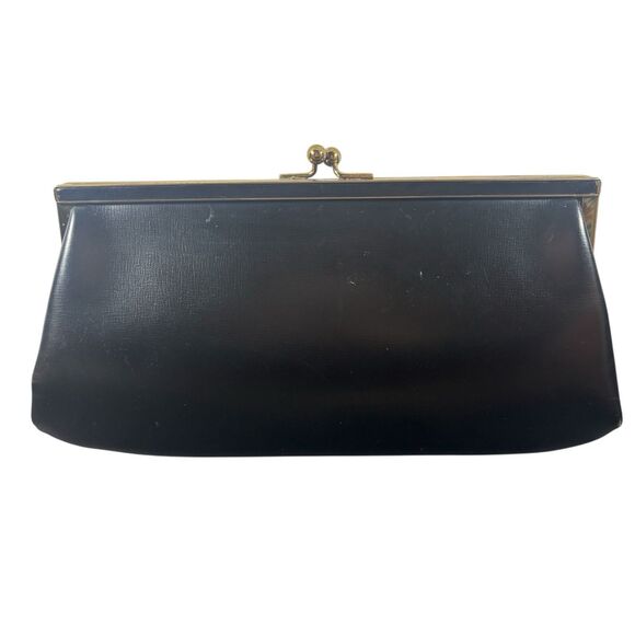 VTG Etra Black Leather Kiss Lock Clutch Gold Frame Evening Bag Purse 1950s 60s - Picture 1 of 12